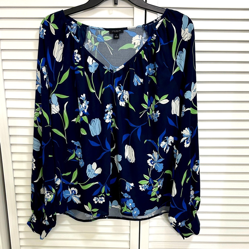 Ann Taylor Floral Navy long sleeve Blouse